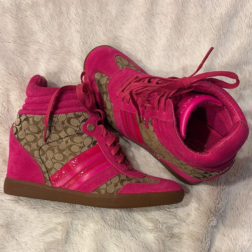 Coach Pink and Brown High-Top Sneakers with Wedge heel